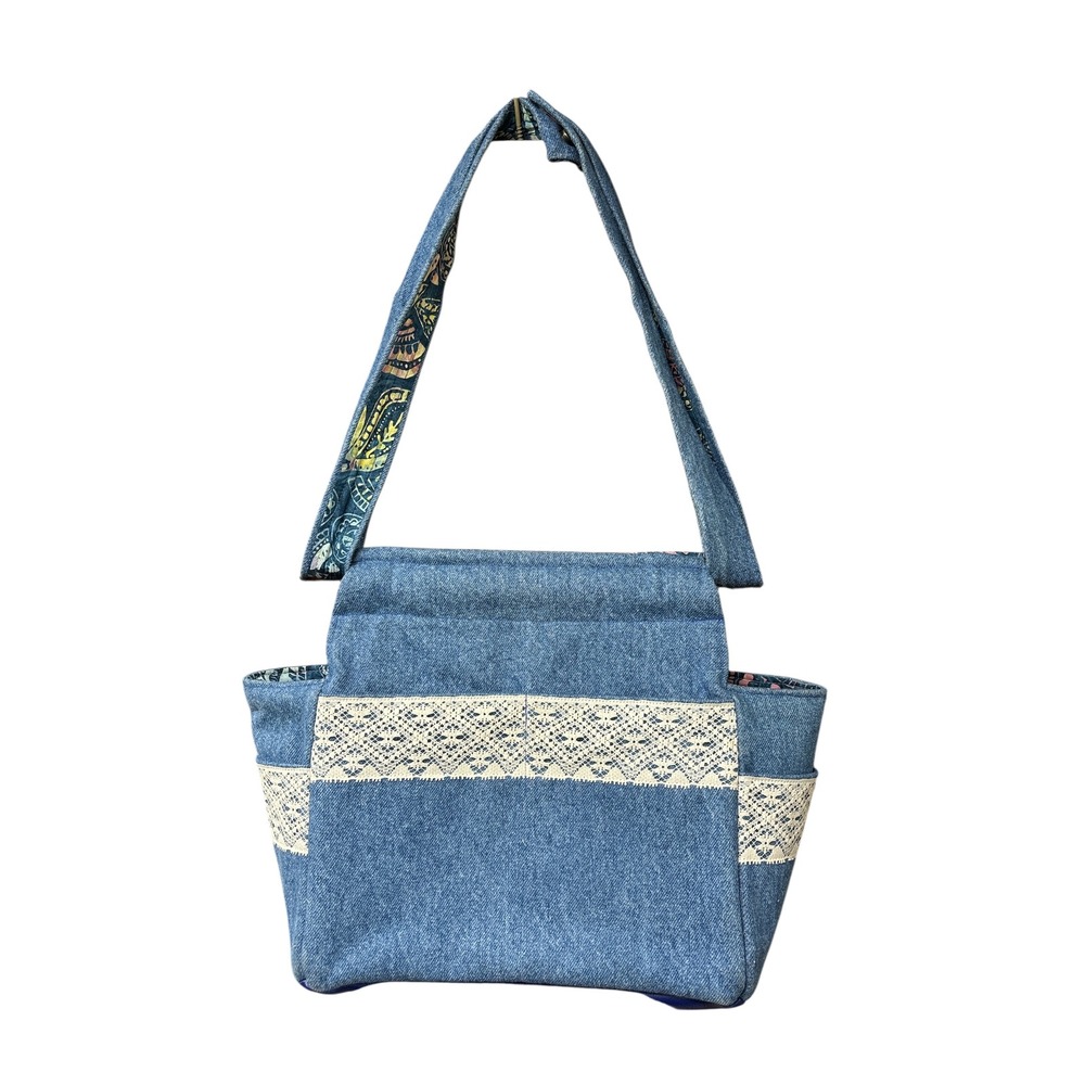 Denim Tote Bag Purse Wooden Handles Lace Trim Boho Hippie Colorful Lined